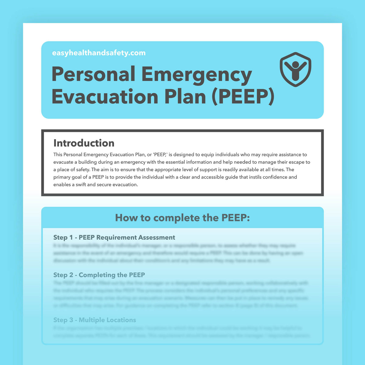 Personal Emergency Evacuation Plan (PEEP) template for planning individual workplace evacuation support for employees who may need assistance.