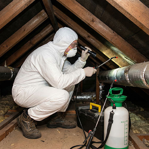 Pest control operative working in a confined space in a customer's loft.