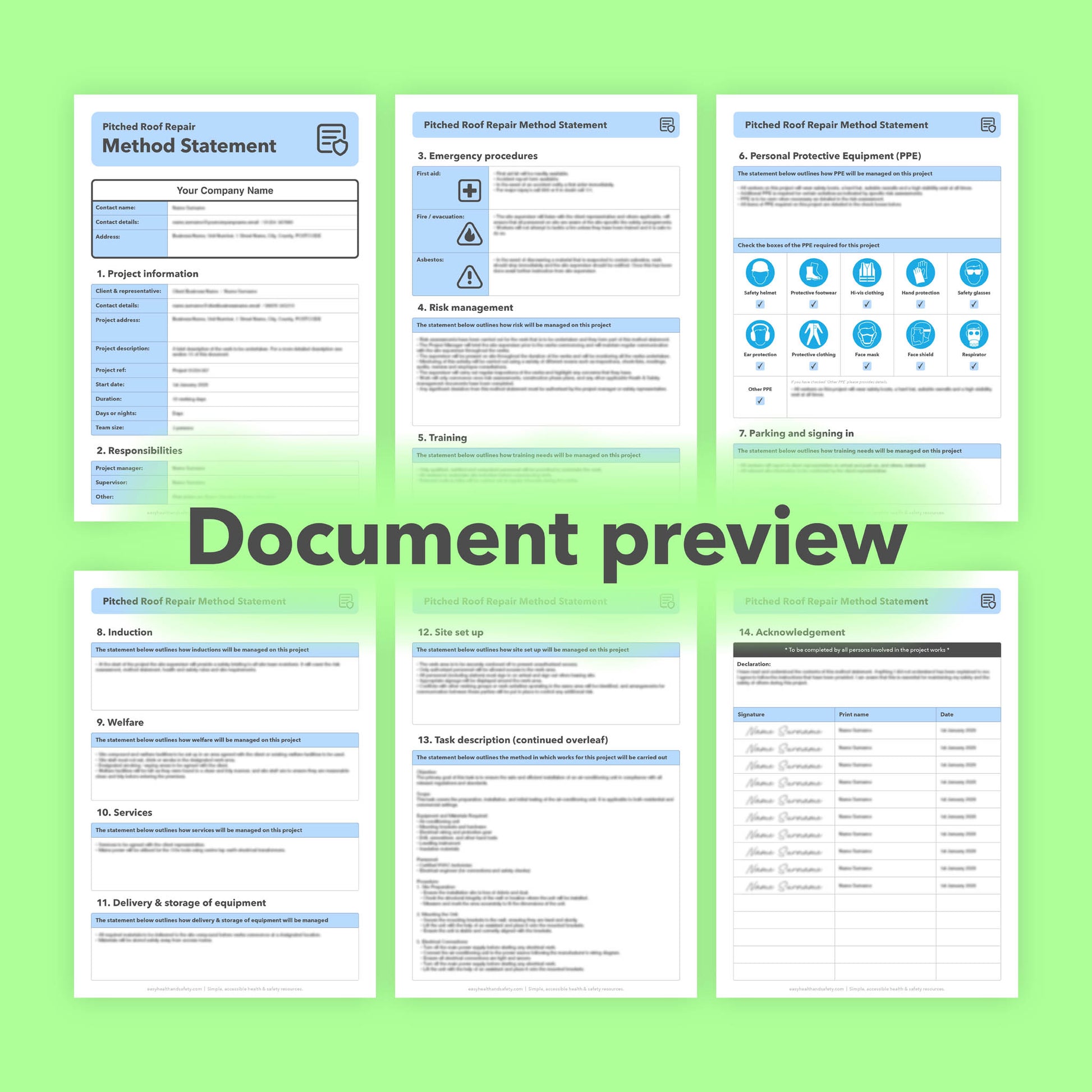 Editable, pre-filled pitched roof repair method statement template for roofers and roofing contractors, easy to customise for safe pitched roofing repair works.