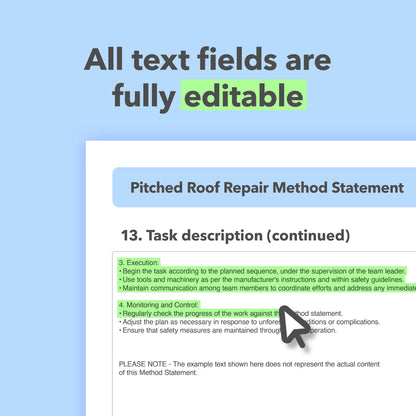 Editable, pre-filled pitched roof repair method statement template for roofers and roofing contractors, easy to customise for safe pitched roofing repair works.