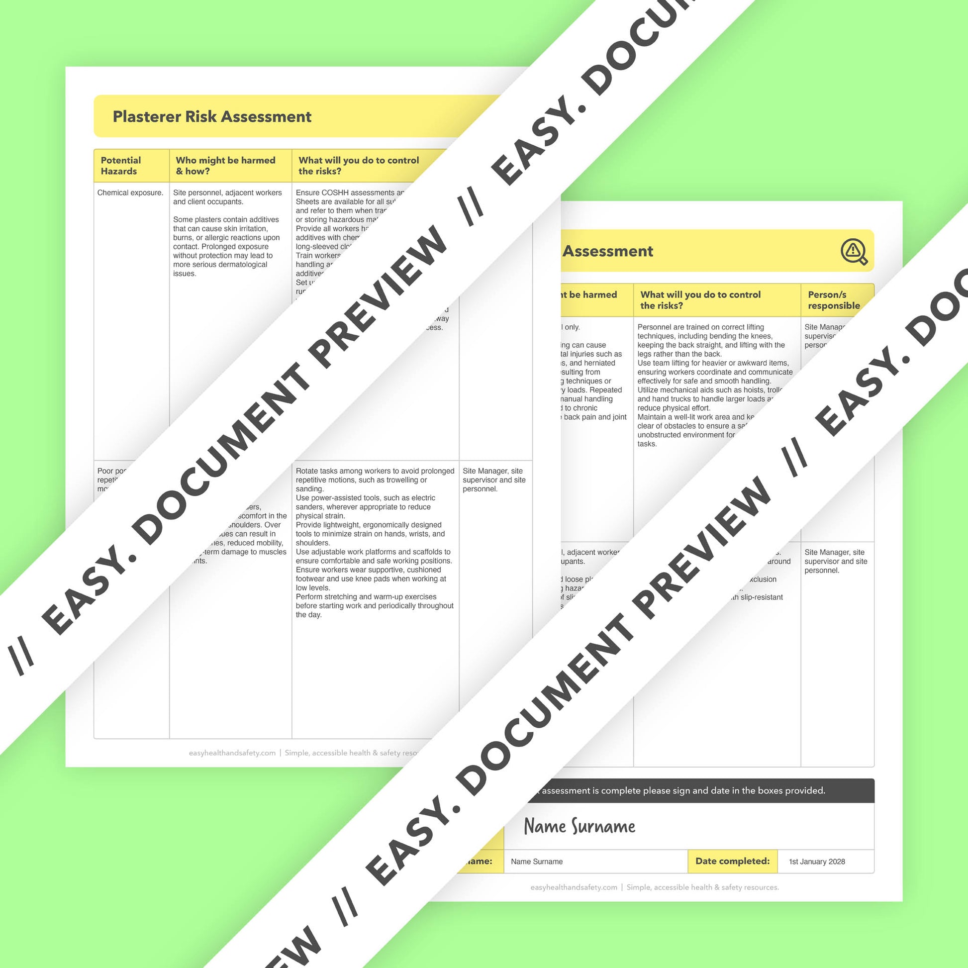 Editable, pre-filled risk assessment template for plasterers, plastering work, rendering projects, and plastering businesses – easy to use for quick health and safety compliance.