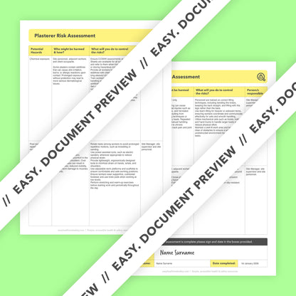 Editable, pre-filled risk assessment template for plasterers, plastering work, rendering projects, and plastering businesses – easy to use for quick health and safety compliance.