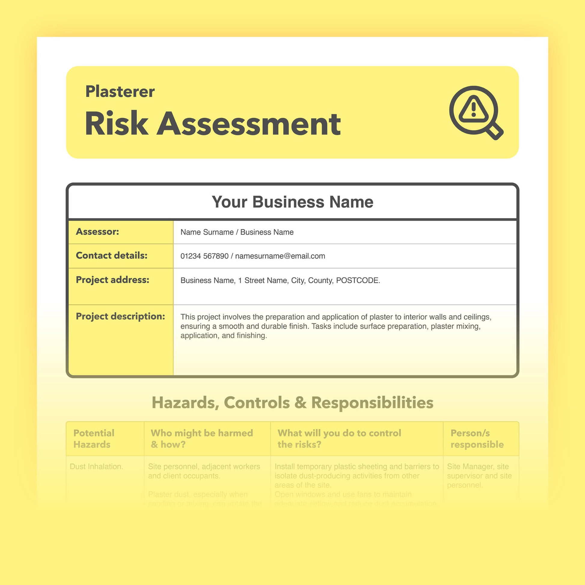 Editable, pre-filled risk assessment template for plasterers, plastering work, rendering projects, and plastering businesses – easy to use for quick health and safety compliance.