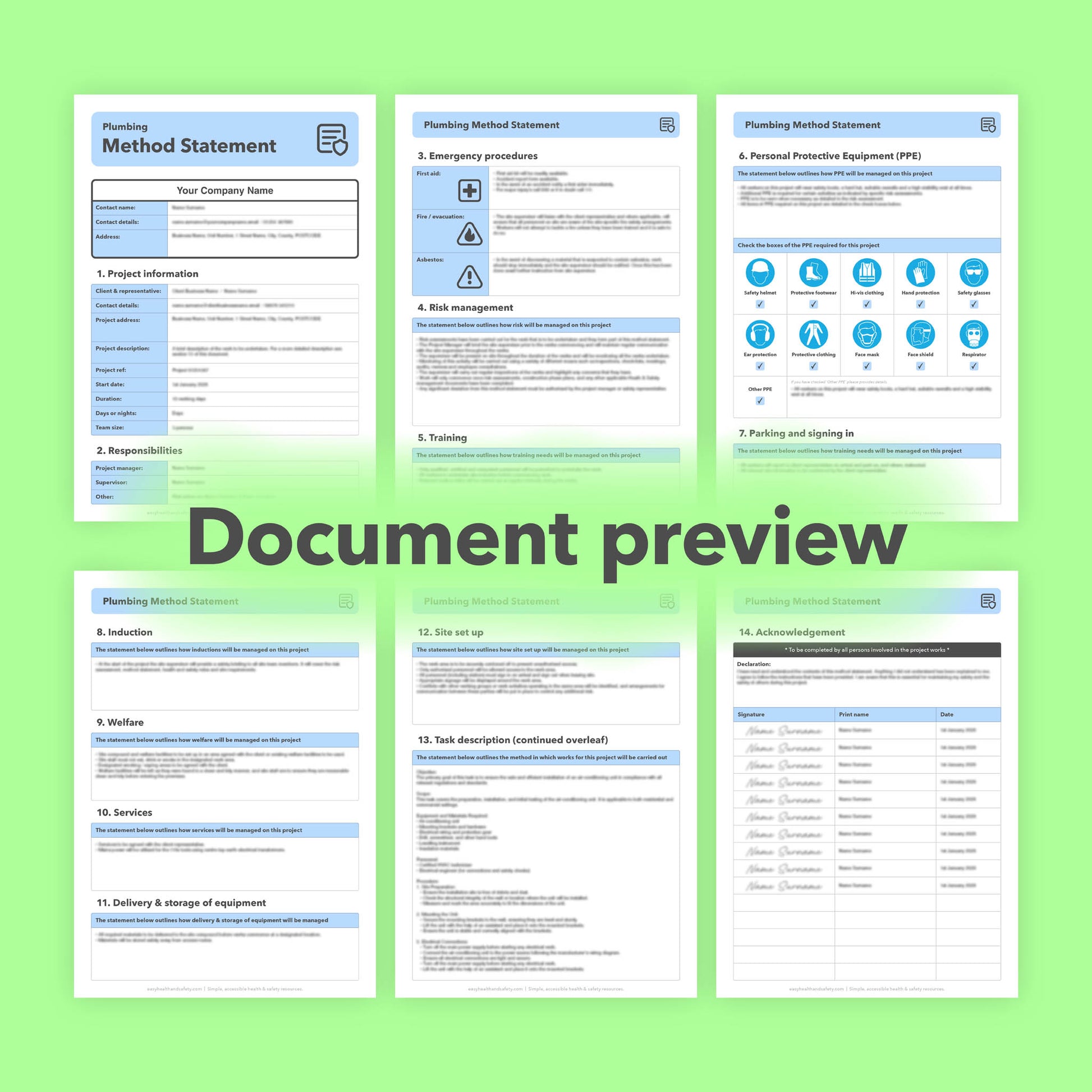 Editable, pre-filled plumbing method statement template for plumbers and plumbing contractors, easy to customise for safe plumbing installation, alteration and maintenance works.