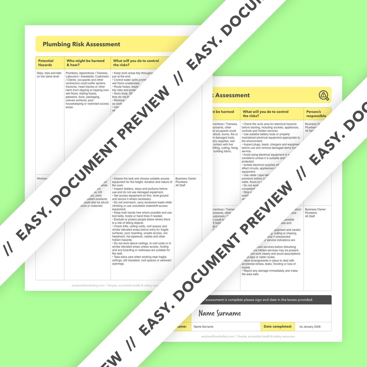 Editable, pre-filled risk assessment template for plumbers, plumbing contractors and plumbing businesses – easy to use for quick health and safety compliance.