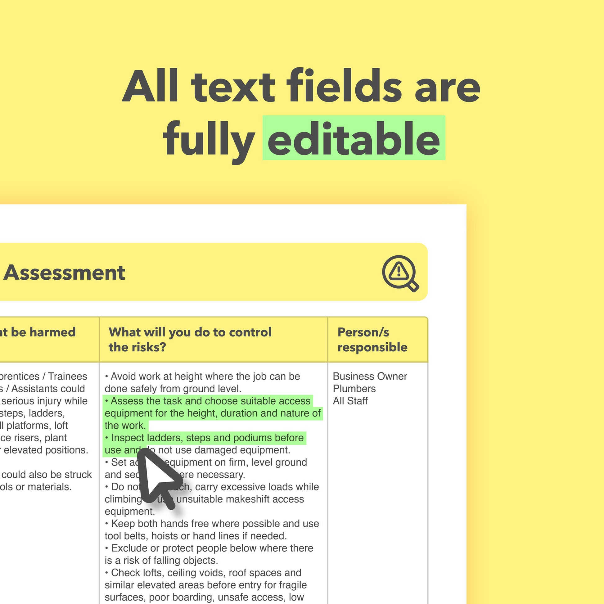Editable, pre-filled risk assessment template for plumbers, plumbing contractors and plumbing businesses – easy to use for quick health and safety compliance.