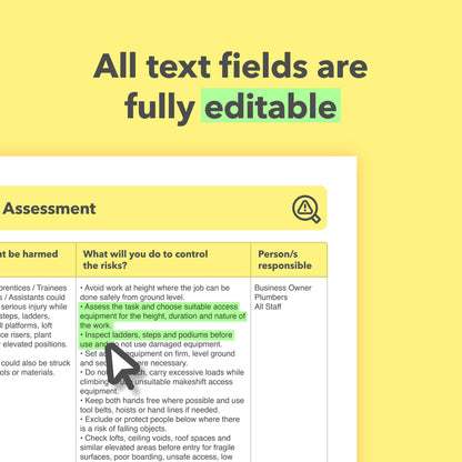 Editable, pre-filled risk assessment template for plumbers, plumbing contractors and plumbing businesses – easy to use for quick health and safety compliance.
