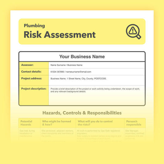 Editable, pre-filled risk assessment template for plumbers, heating engineers, plumbing work, and plumbing businesses – easy to use for quick health and safety compliance.
