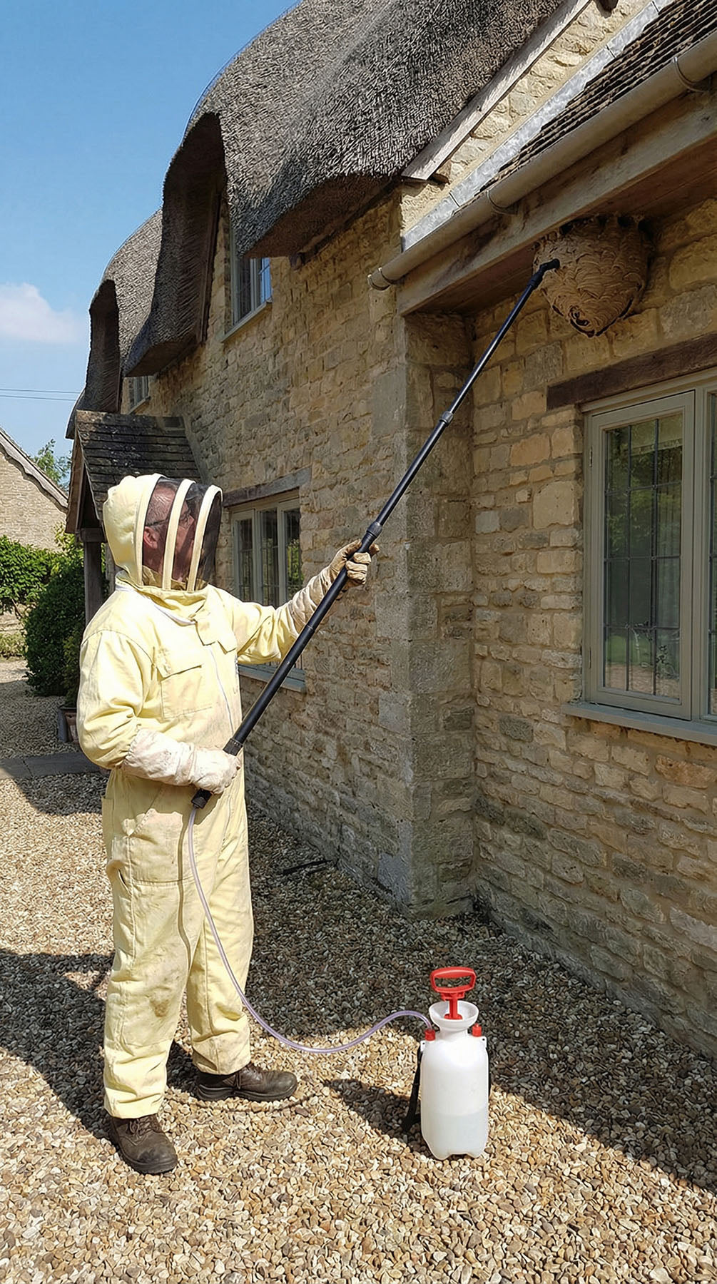 Professional pest controller treating a wasps nest at a client's house.