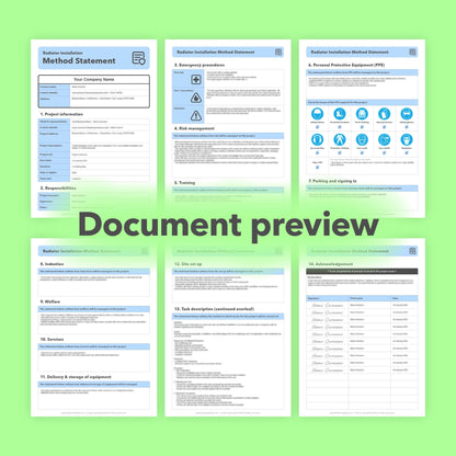 Editable, pre-filled radiator installation method statement template for plumbers and heating engineers, easy to customise for safe radiator fitting, replacement and pipework connection works.