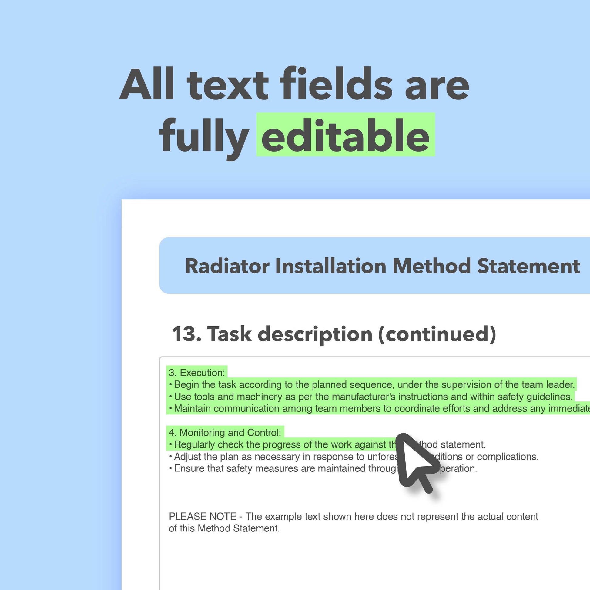 Editable, pre-filled radiator installation method statement template for plumbers and heating engineers, easy to customise for safe radiator fitting, replacement and pipework connection works.