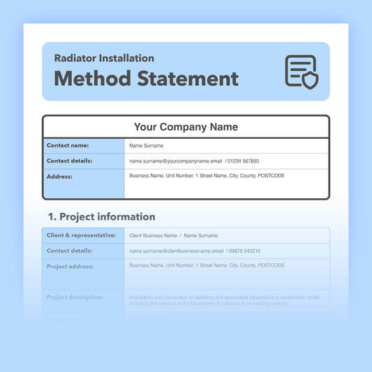 Editable, pre-filled radiator installation method statement template for plumbers and heating engineers, easy to customise for safe radiator fitting, replacement and pipework connection works.