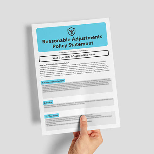 1. Pre-filled Reasonable Adjustments Policy Template for setting out an organisation’s approach to workplace adjustments and support.