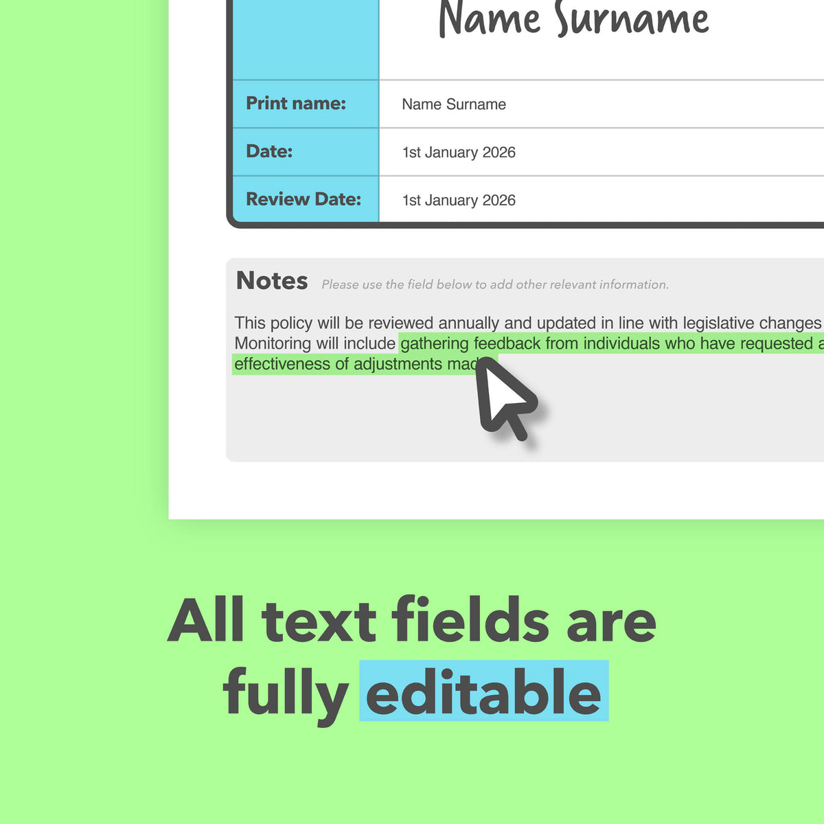 Editable PDF fields in the Reasonable Adjustments Policy included in the Complete Bundle, showing how workplace templates can be customised digitally.