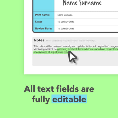 Editable PDF fields in the Reasonable Adjustments Policy included in the Complete Bundle, showing how workplace templates can be customised digitally.