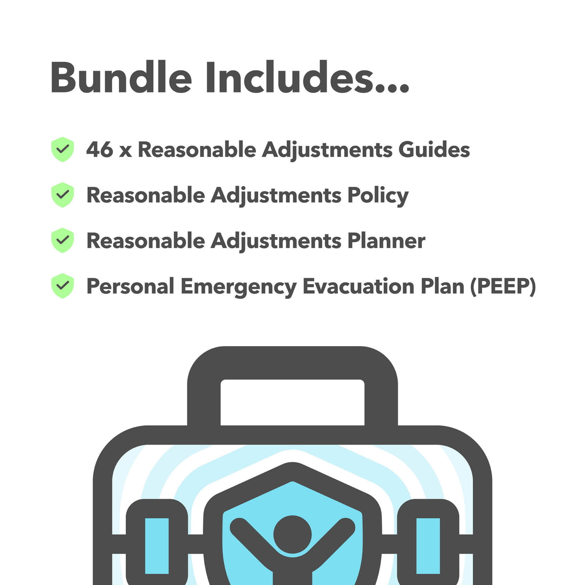 Contents of the Reasonable Adjustments Complete Bundle showing 46 guides, a Reasonable Adjustments Policy, Planner and PEEP.