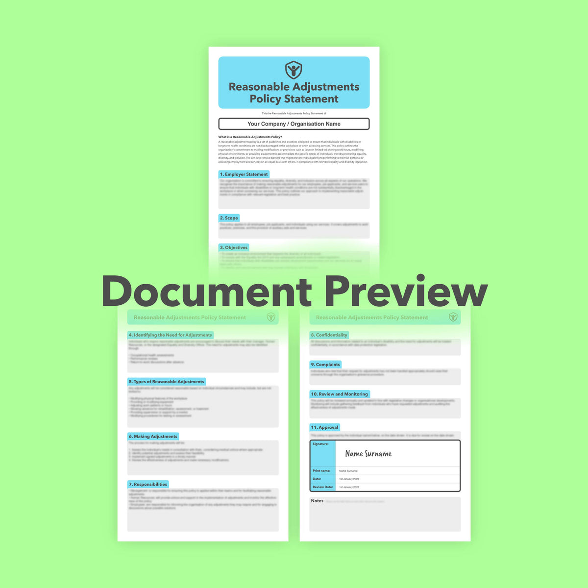 Document preview of the three-page Reasonable Adjustments Policy Template showing the employer statement, scope, objectives and other policy sections.
