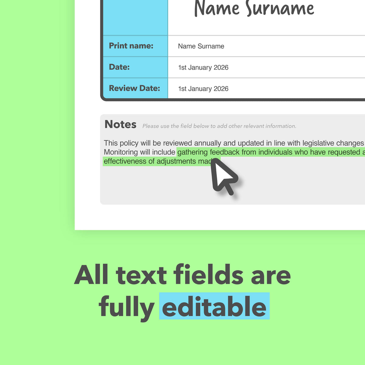 Editable Reasonable Adjustments Policy Template showing digital text fields for customising policy content and recording additional information.