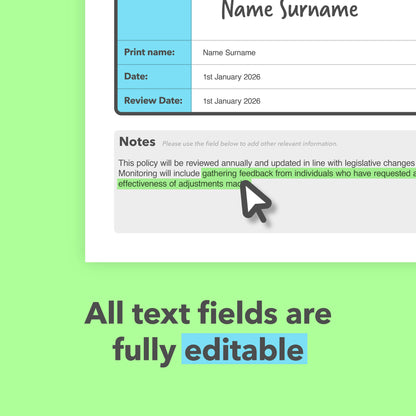 Editable Reasonable Adjustments Policy Template showing digital text fields for customising policy content and recording additional information.