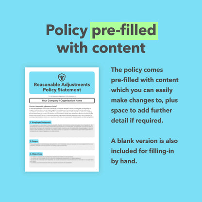 Pre-filled Reasonable Adjustments Policy Template with editable content that can be tailored to an organisation, plus a separate blank version.