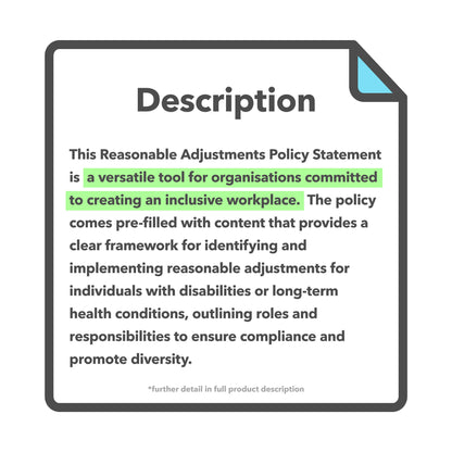 Reasonable Adjustments Policy Template with pre-filled content for establishing a structured approach to workplace adjustments and individual support.
