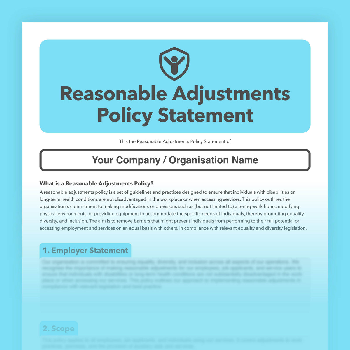 Pre-filled Reasonable Adjustments Policy Template for employers, helping organisations set out a clear approach to workplace adjustments and support.