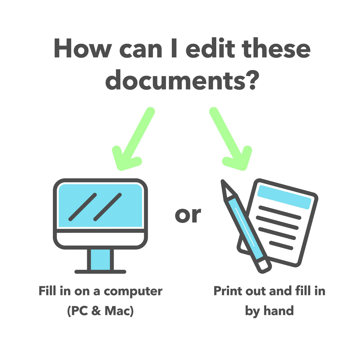 Reasonable adjustments templates showing they can be completed digitally on a computer or mobile device, or printed and filled in by hand.