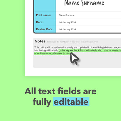 Editable PDF text fields in a Reasonable Adjustments Policy, showing how templates in the Support Bundle can be customised digitally.