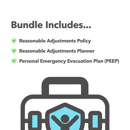 Contents of the Reasonable Adjustments Support Bundle showing the Policy, Planner and Personal Emergency Evacuation Plan (PEEP) templates.
