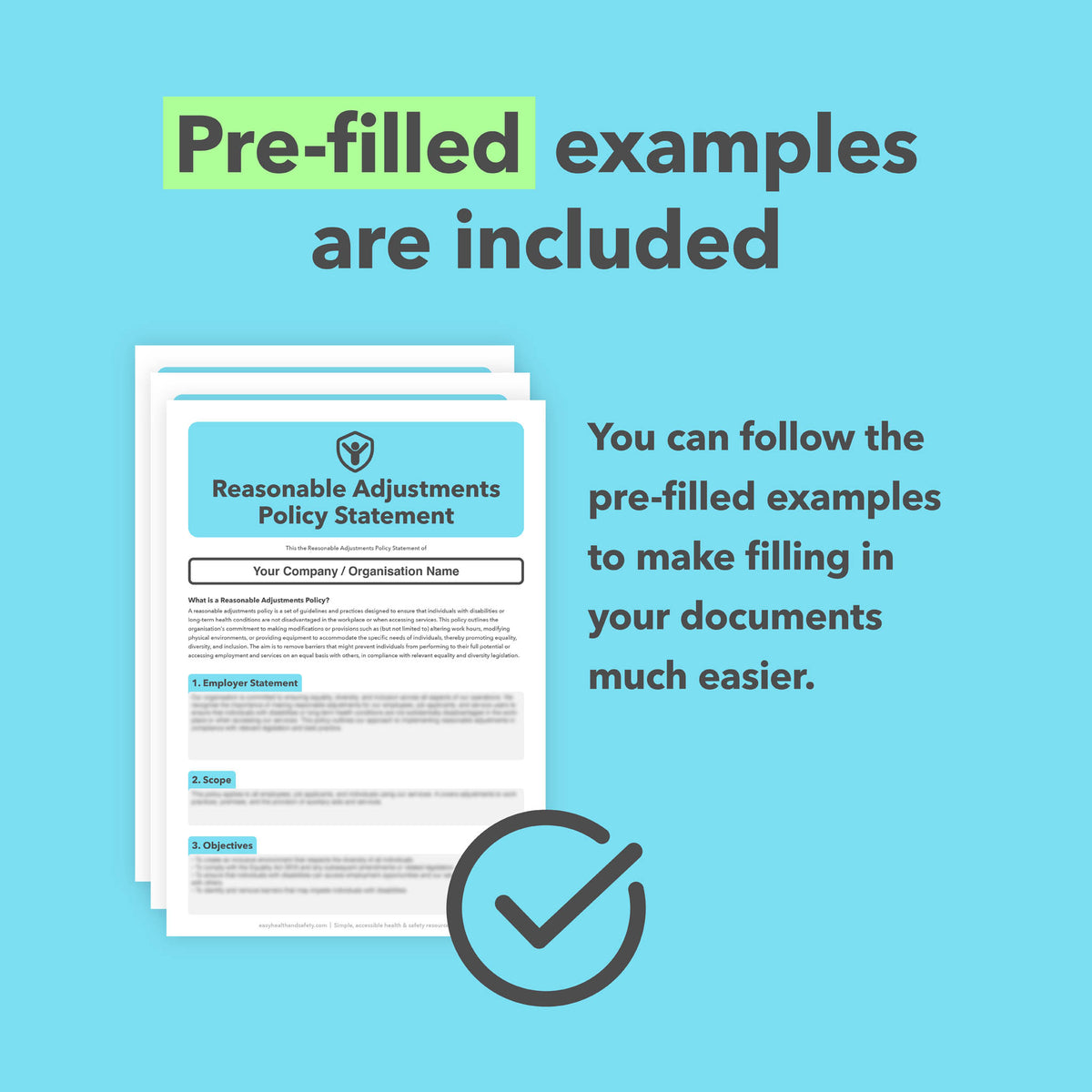 Pre-filled examples included with the Reasonable Adjustments Support Bundle to help users complete and customise the workplace templates.