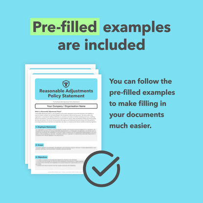 Pre-filled examples included with the Reasonable Adjustments Support Bundle to help users complete and customise the workplace templates.