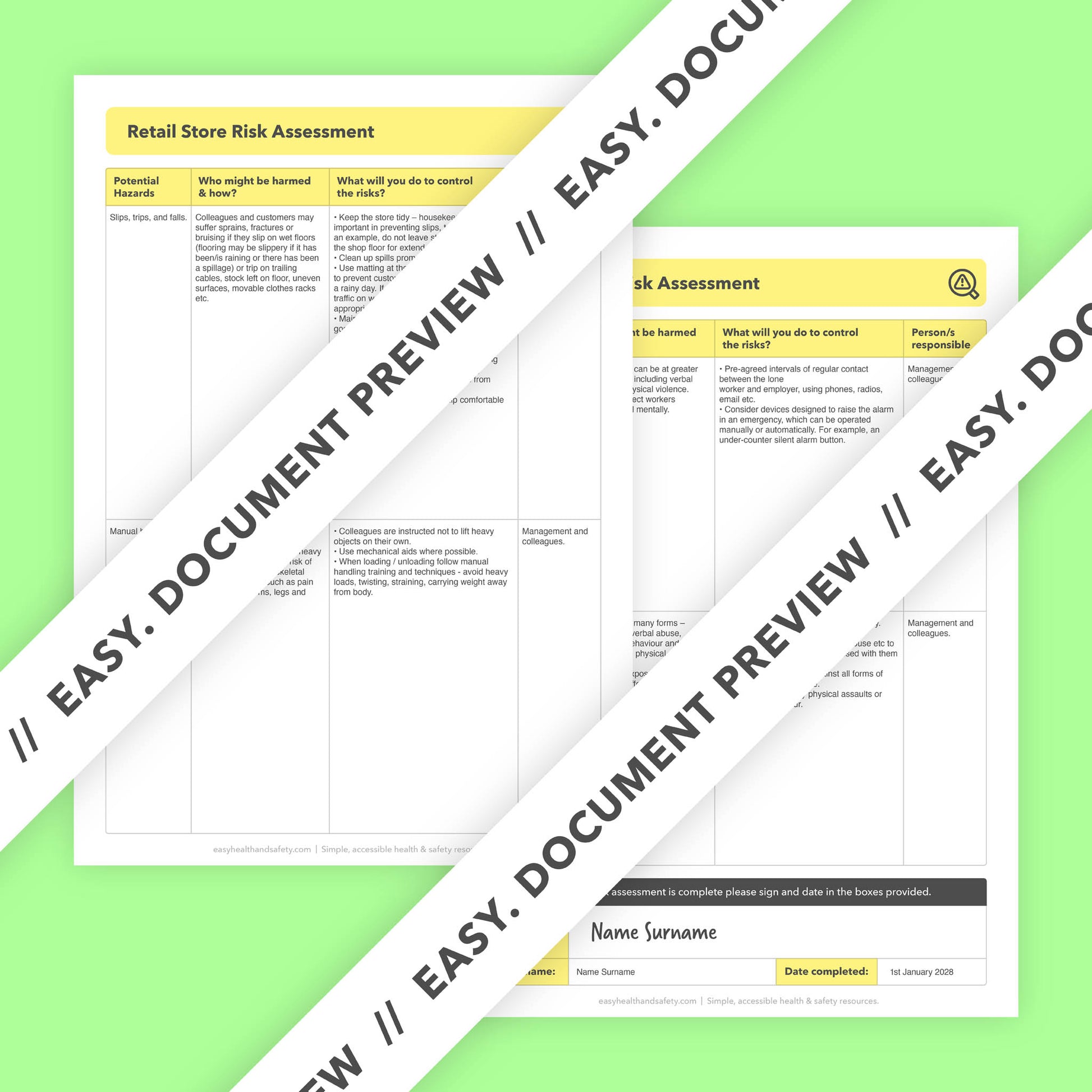 Editable, pre-filled risk assessment template for retailers, retail stores, shops, outlets, and pop-up retail spaces – easy to use for quick health and safety compliance.