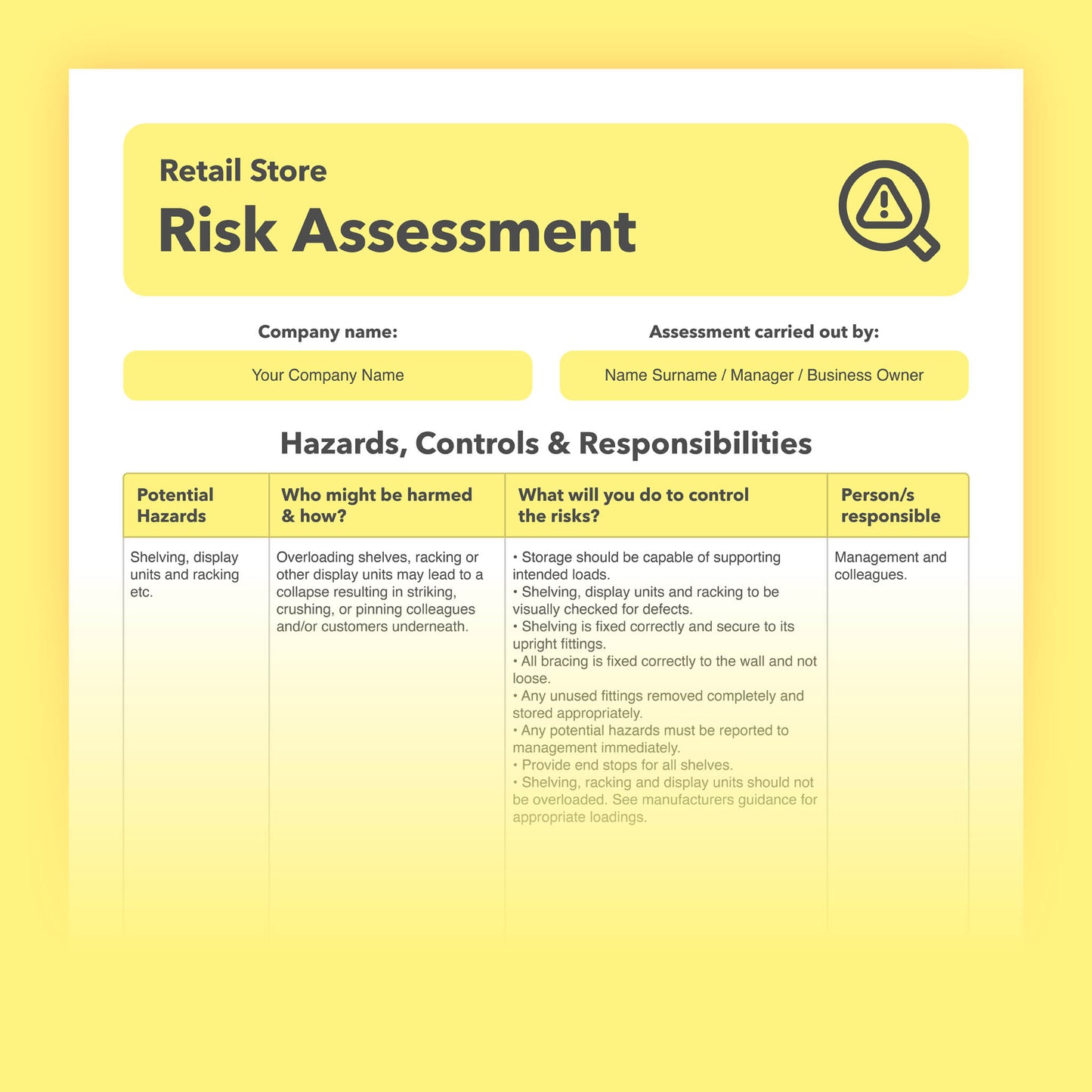 Editable, pre-filled risk assessment template for retailers, retail stores, shops, outlets, and pop-up retail spaces – easy to use for quick health and safety compliance.