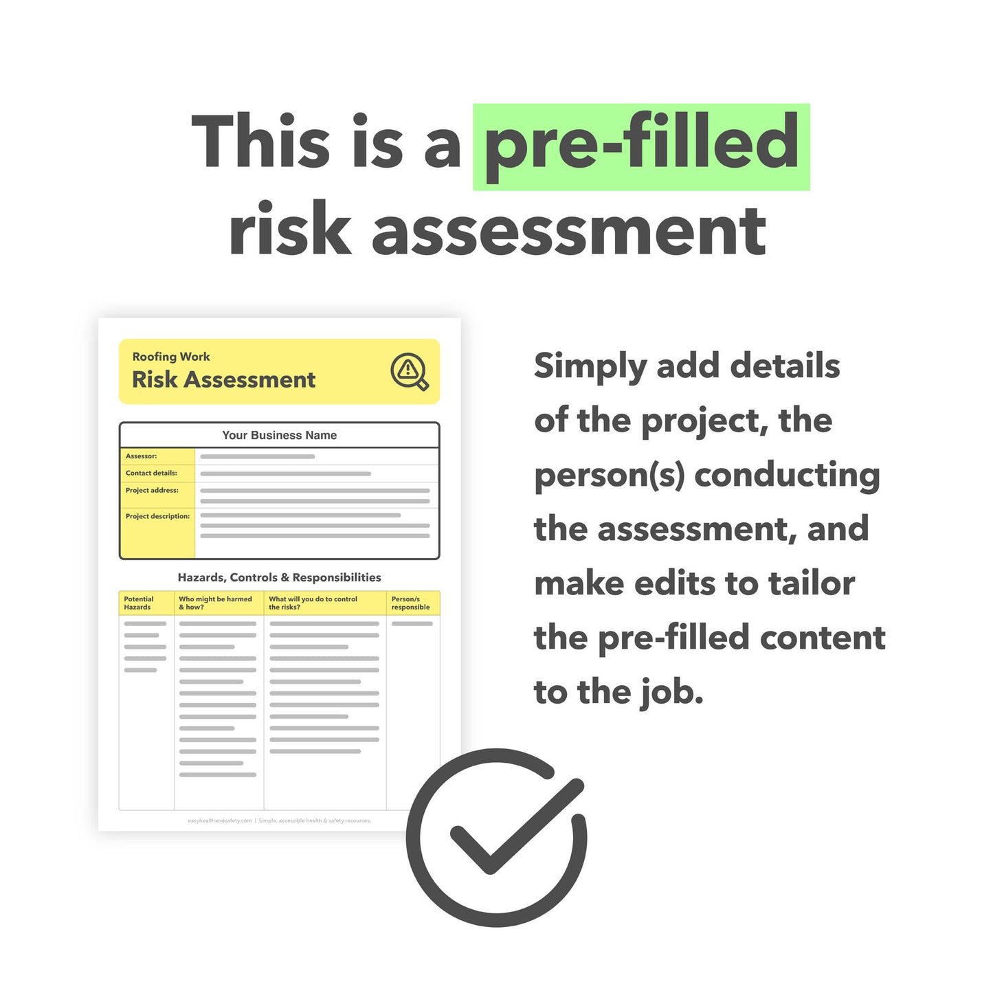 Editable, pre-filled risk assessment template for roofers, roofing work, and roofing Businesses – easy to use for quick health and safety compliance.