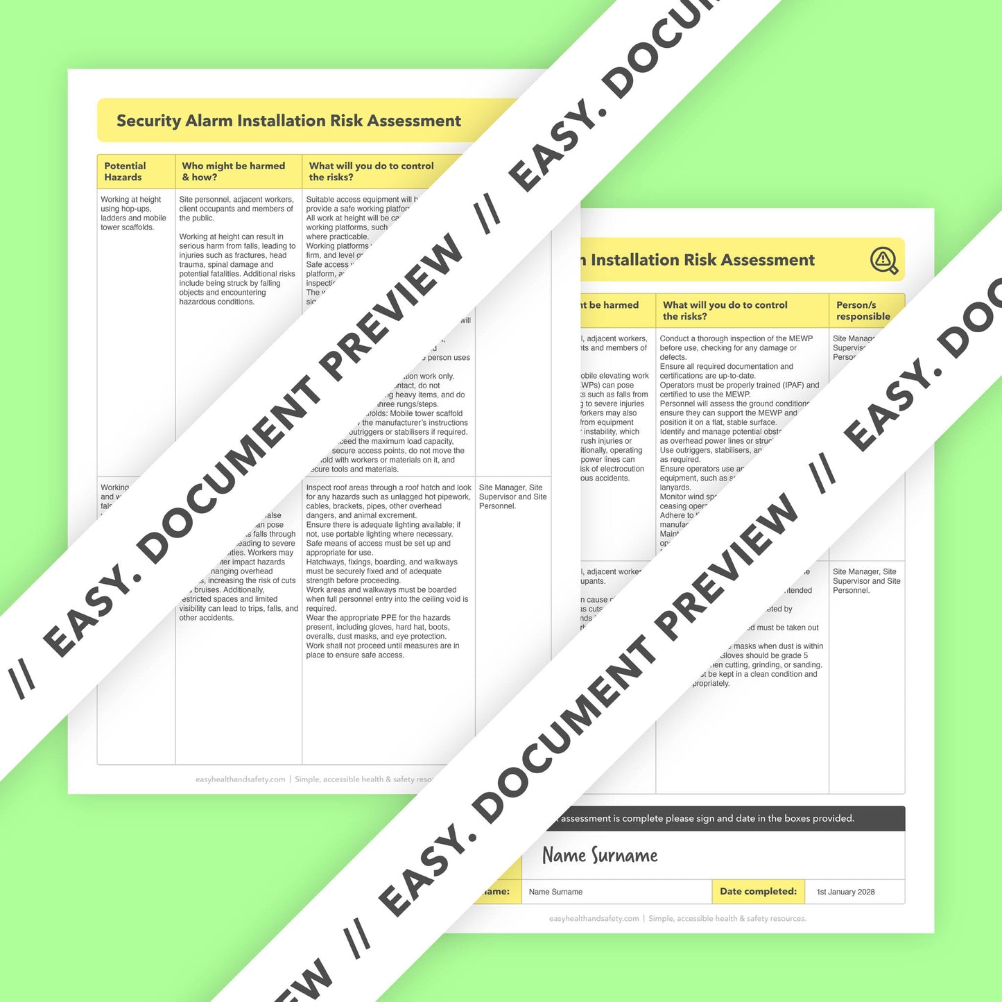 Editable, pre-filled risk assessment template for security alarm installation, intruder alarm fitting and CCTV installation, covering electrical work, working at height, slips, trips and falls, and manual handling – easy to use for quick health and safety compliance.