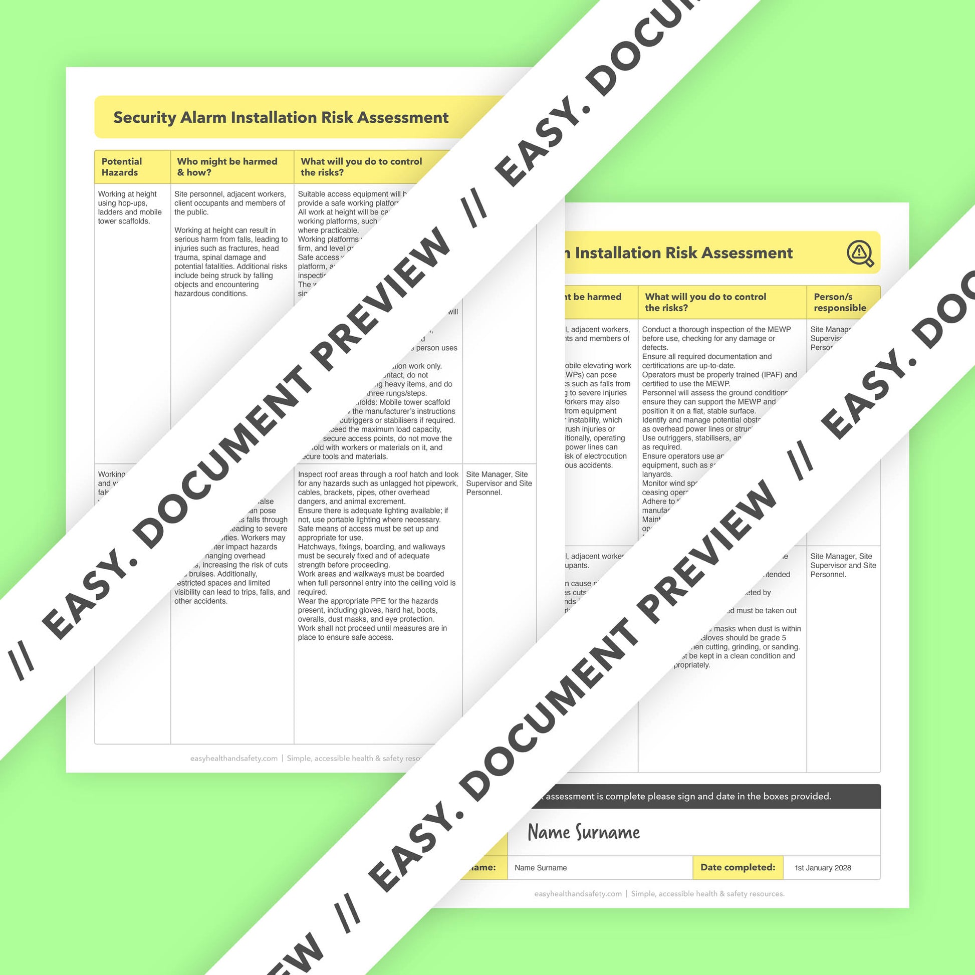 Editable, pre-filled risk assessment template for security alarm installation, intruder alarm fitting and CCTV installation, covering electrical work, working at height, slips, trips and falls, and manual handling – easy to use for quick health and safety compliance.