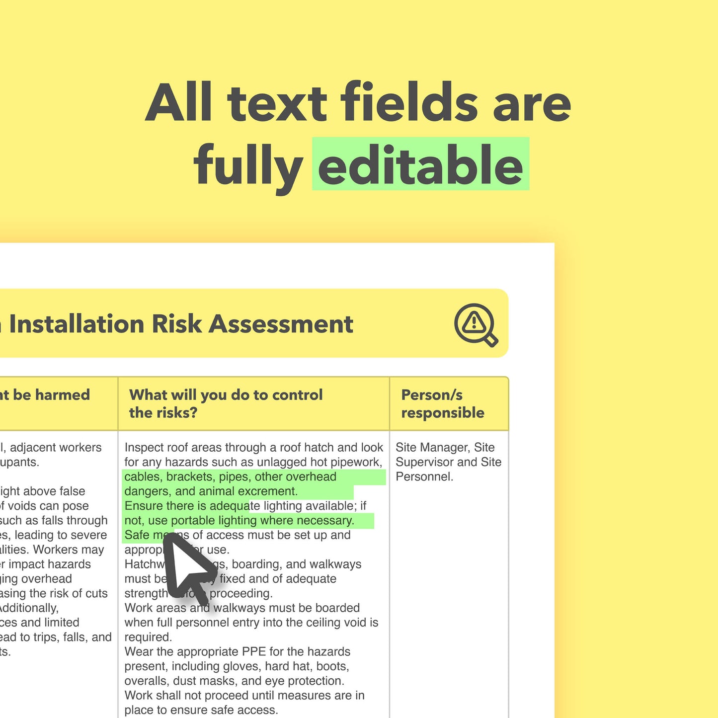 Editable, pre-filled risk assessment template for security alarm installation, intruder alarm fitting and CCTV installation, covering electrical work, working at height, slips, trips and falls, and manual handling – easy to use for quick health and safety compliance.