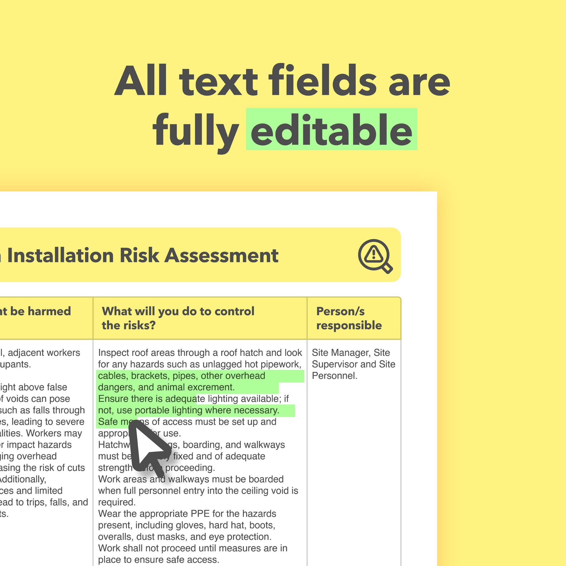 Editable, pre-filled risk assessment template for security alarm installation, intruder alarm fitting and CCTV installation, covering electrical work, working at height, slips, trips and falls, and manual handling – easy to use for quick health and safety compliance.