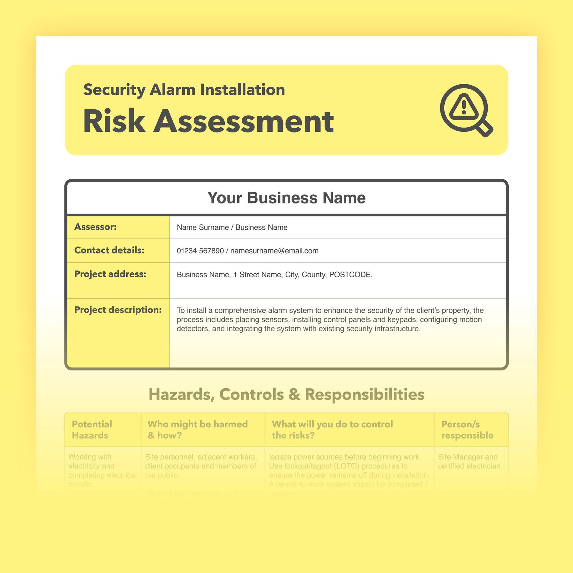 Editable, pre-filled risk assessment template for security alarm installation, intruder alarm fitting and CCTV installation, covering electrical work, working at height, slips, trips and falls, and manual handling – easy to use for quick health and safety compliance.