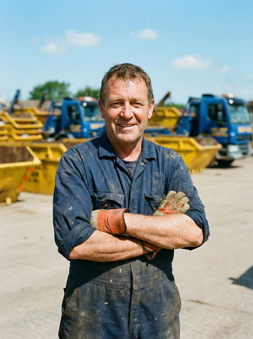 Skip hire business owner standing in front of a skip yard with skips and lorries, representing skip hire, waste transfer and waste disposal operations.