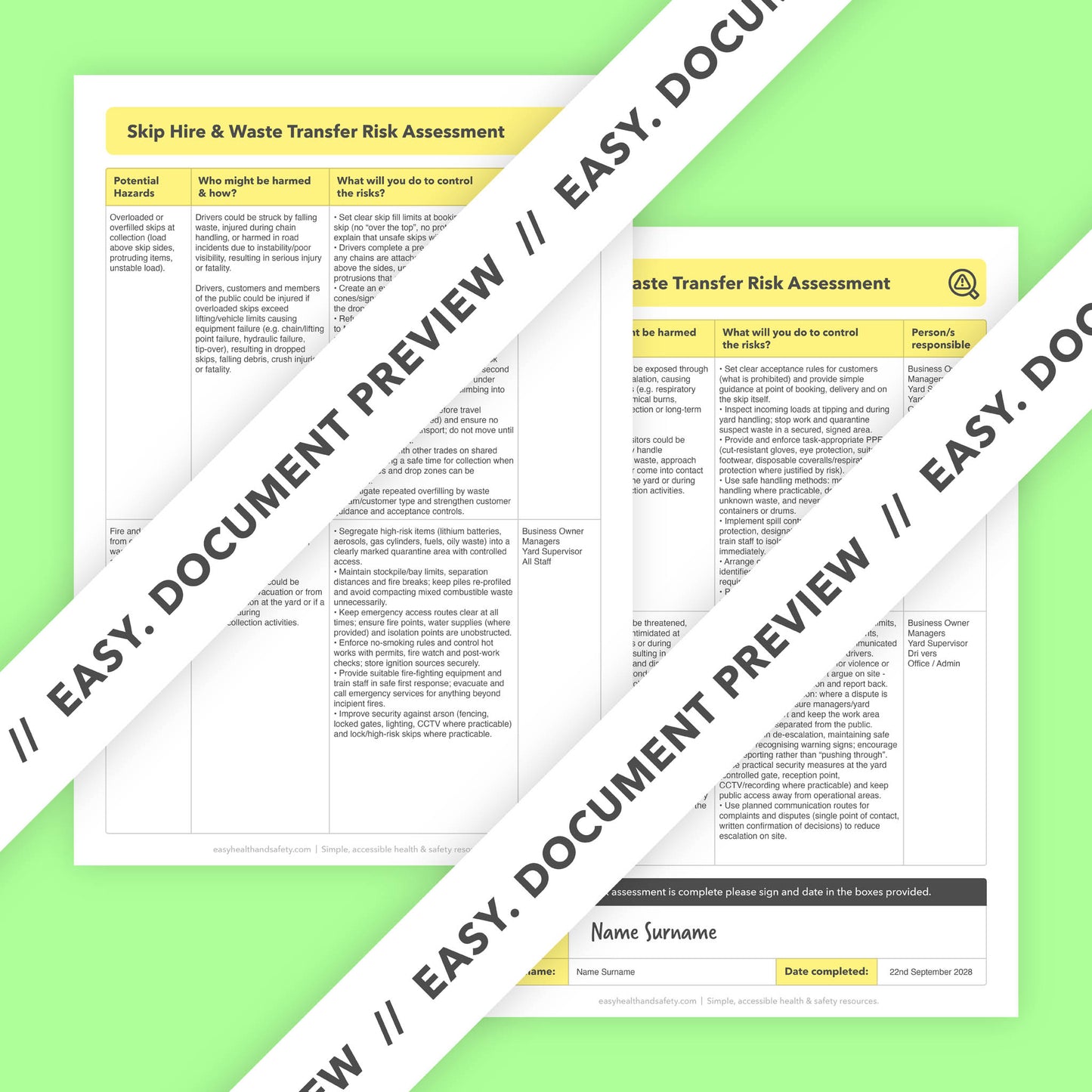 Editable, pre-filled risk assessment template for skip hire businesses, skip yards, skip rental, and waste transfer operations – easy to use for quick health and safety compliance.