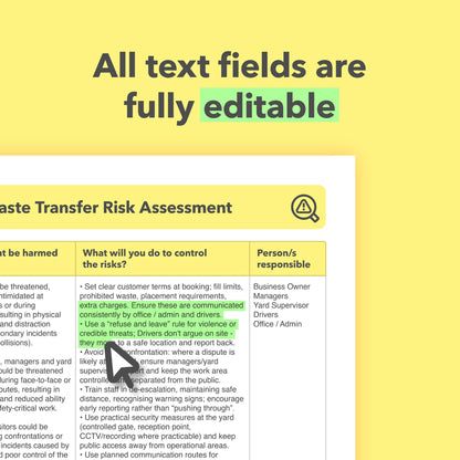Editable, pre-filled risk assessment template for skip hire businesses, skip yards, skip rental, and waste transfer operations – easy to use for quick health and safety compliance.