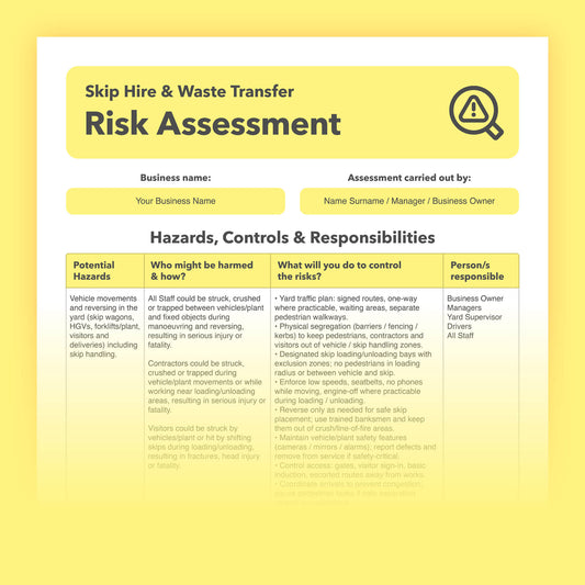 Editable, pre-filled risk assessment template for skip hire businesses, skip yards, skip rental, and waste transfer operations – easy to use for quick health and safety compliance.
