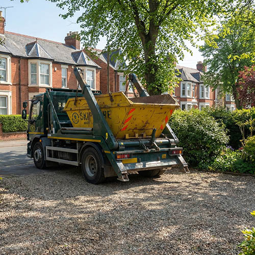 Skip lorry reversing on a residential driveway during skip delivery, relevant to skip hire vehicle movements, reversing risks and safe skip placement.