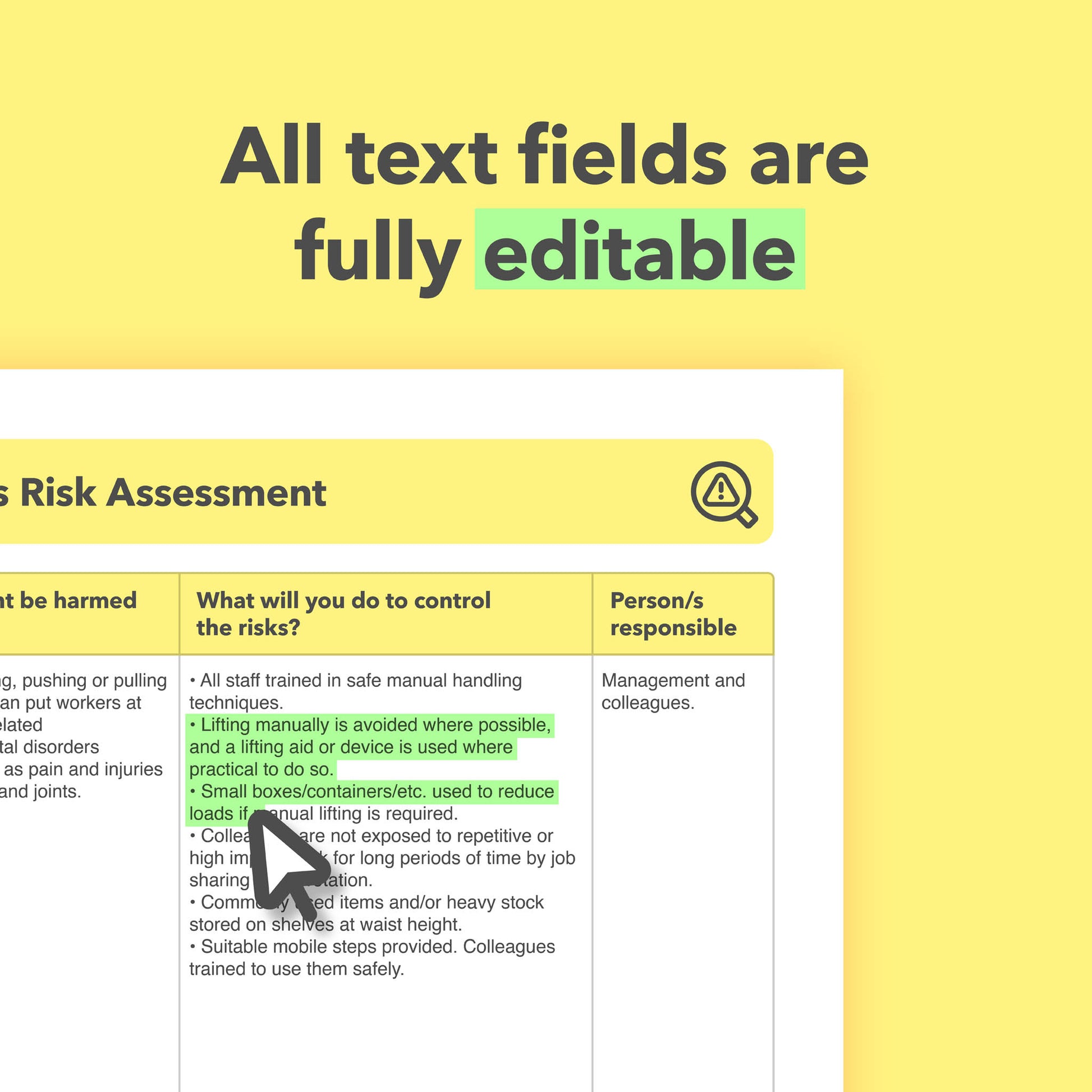 Editable, pre-filled small business risk assessment template for small business owners and sole traders, ready-to-use PDF for quick and easy health and safety compliance.
