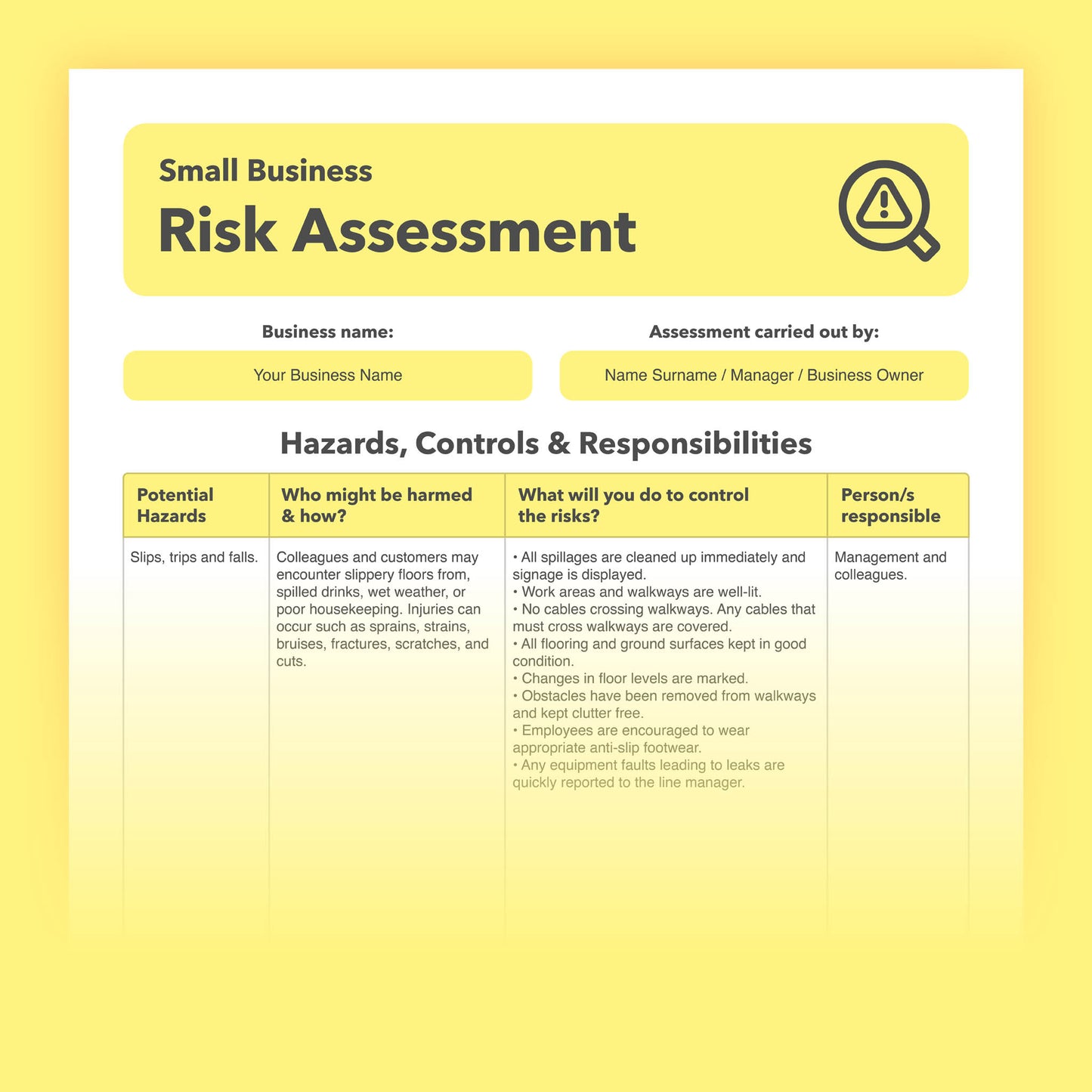 Editable, pre-filled small business risk assessment template for small business owners and sole traders, ready-to-use PDF for quick and easy health and safety compliance.