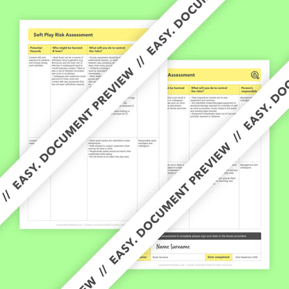 Editable, pre-filled risk assessment template for soft play businesses, children’s soft play centres, and kids’ play gyms – easy to use for quick health and safety compliance.