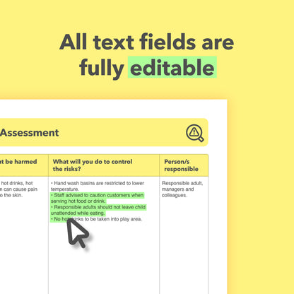 Editable, pre-filled risk assessment template for soft play businesses, children’s soft play centres, and kids’ play gyms – easy to use for quick health and safety compliance.