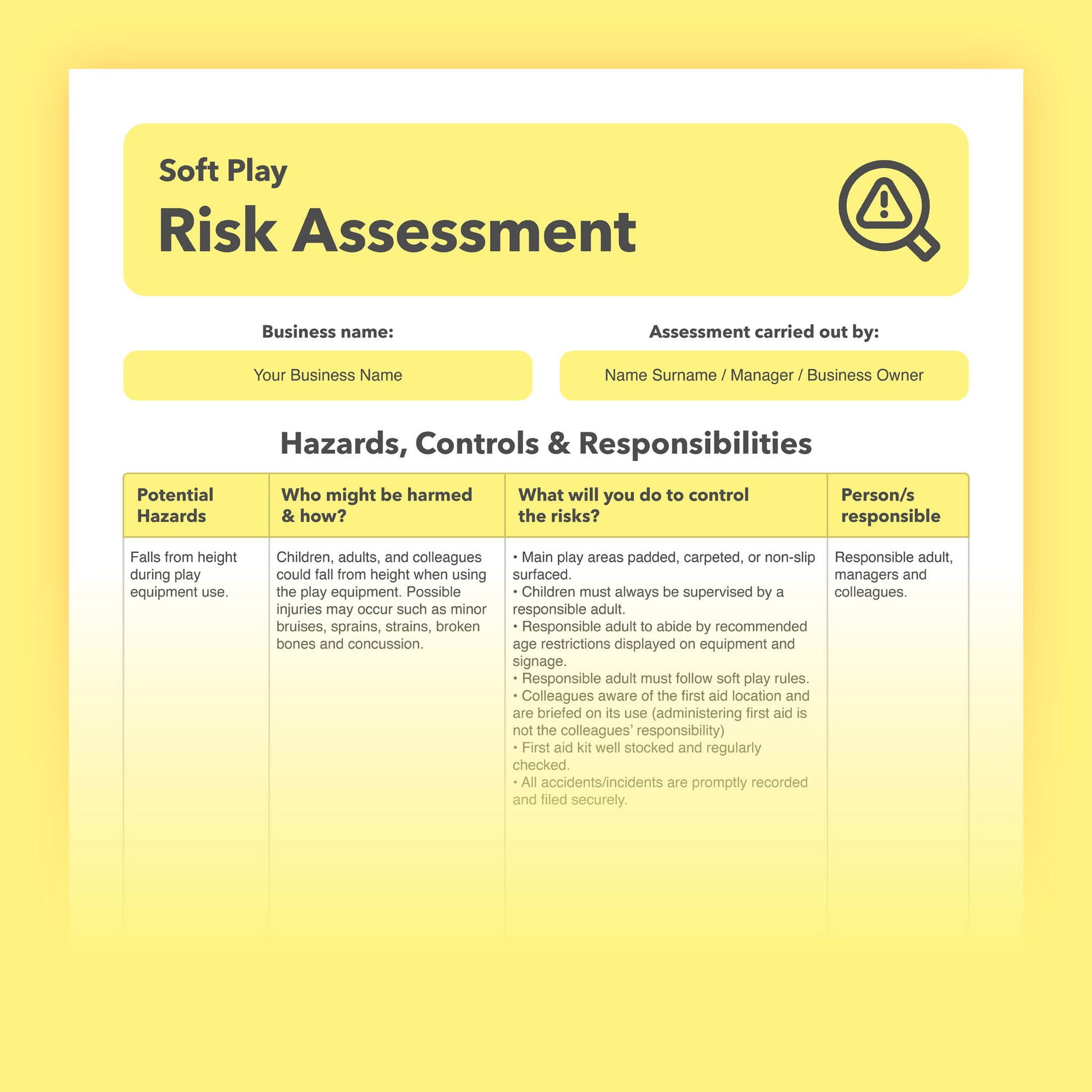 Editable, pre-filled risk assessment template for soft play businesses, children’s soft play centres, and kids’ play gyms – easy to use for quick health and safety compliance.