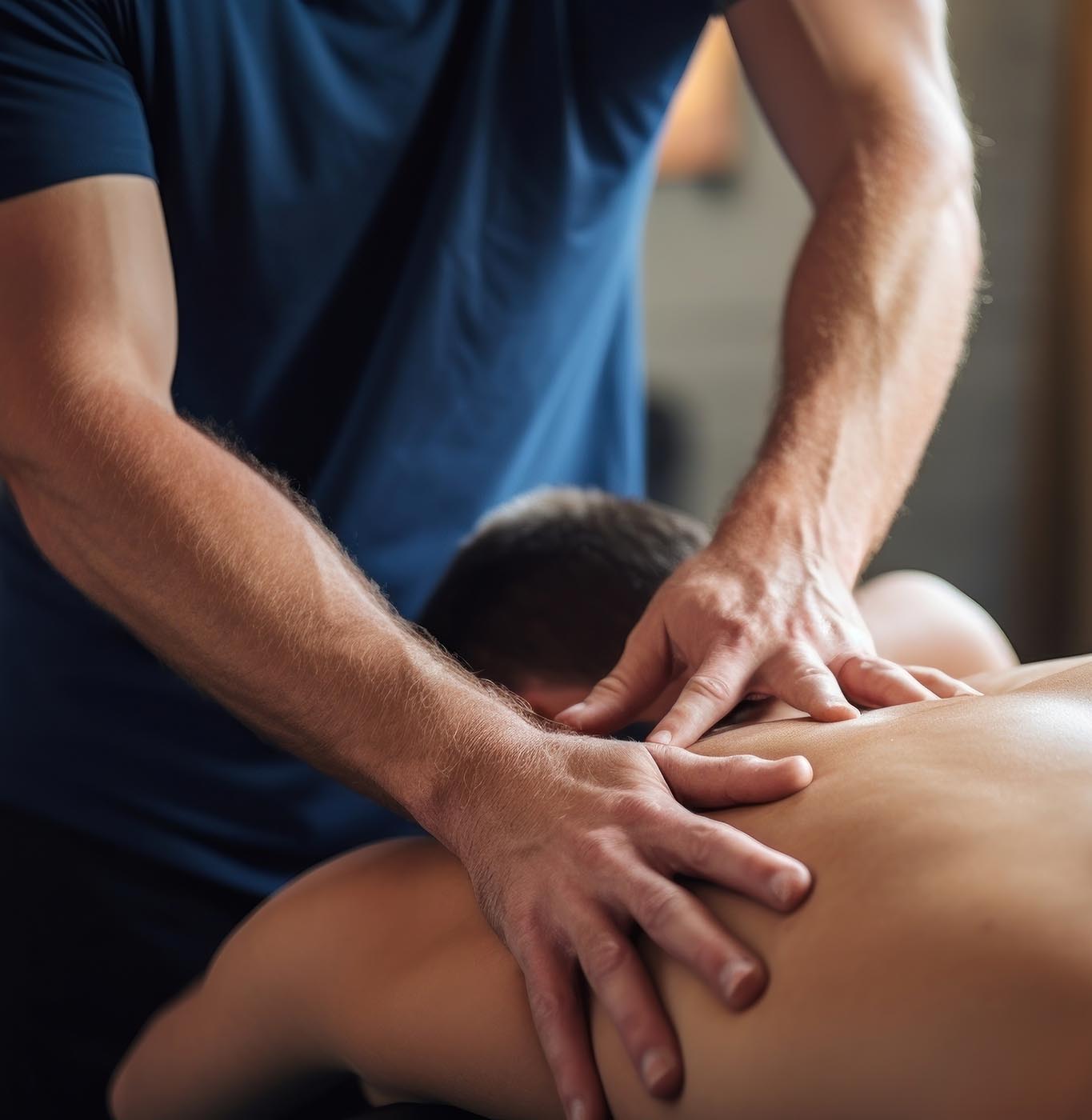 Sports massage therapist giving a shoulder massage treatment to a client in a professional massage therapy clinic.